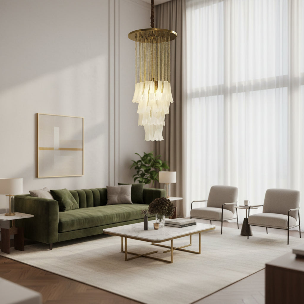 Modern Chandelier with Gold Chains and White Glass Shades