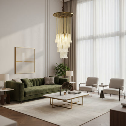 Modern Chandelier with Gold Chains and White Glass Shades