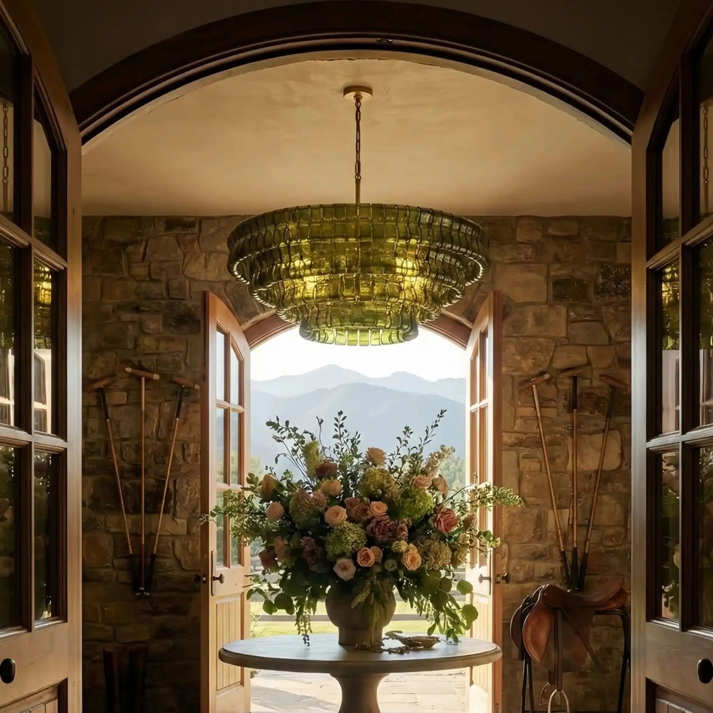Ghiaccio Glass Round Chandelier 24" 36" 48" 60" - 3 - Tier 24"BronzeGreenGILDLAMPS