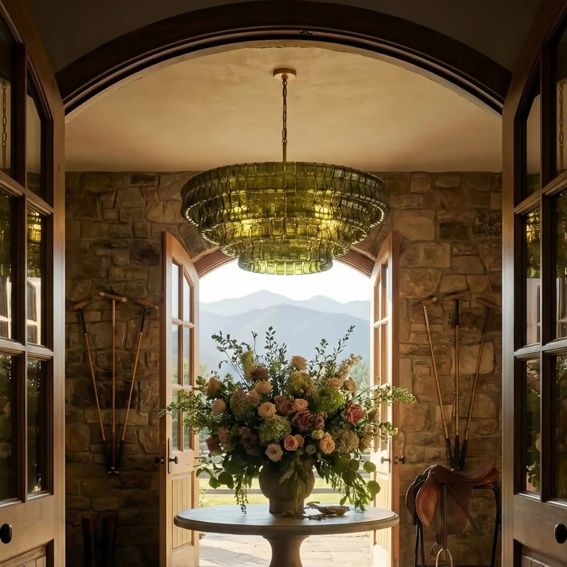 Ghiaccio Glass Round Chandelier 24" 36" 48" 60" - 3 - Tier 24"BronzeGreenGILDLAMPS